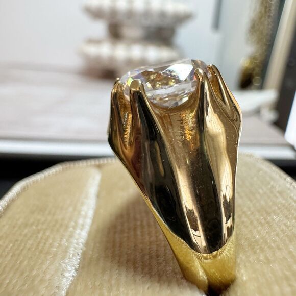 Retro Unisex Solitaire Gold Plated Ring Large Stone Wide Band Size 8.5 - Picture 9 of 11